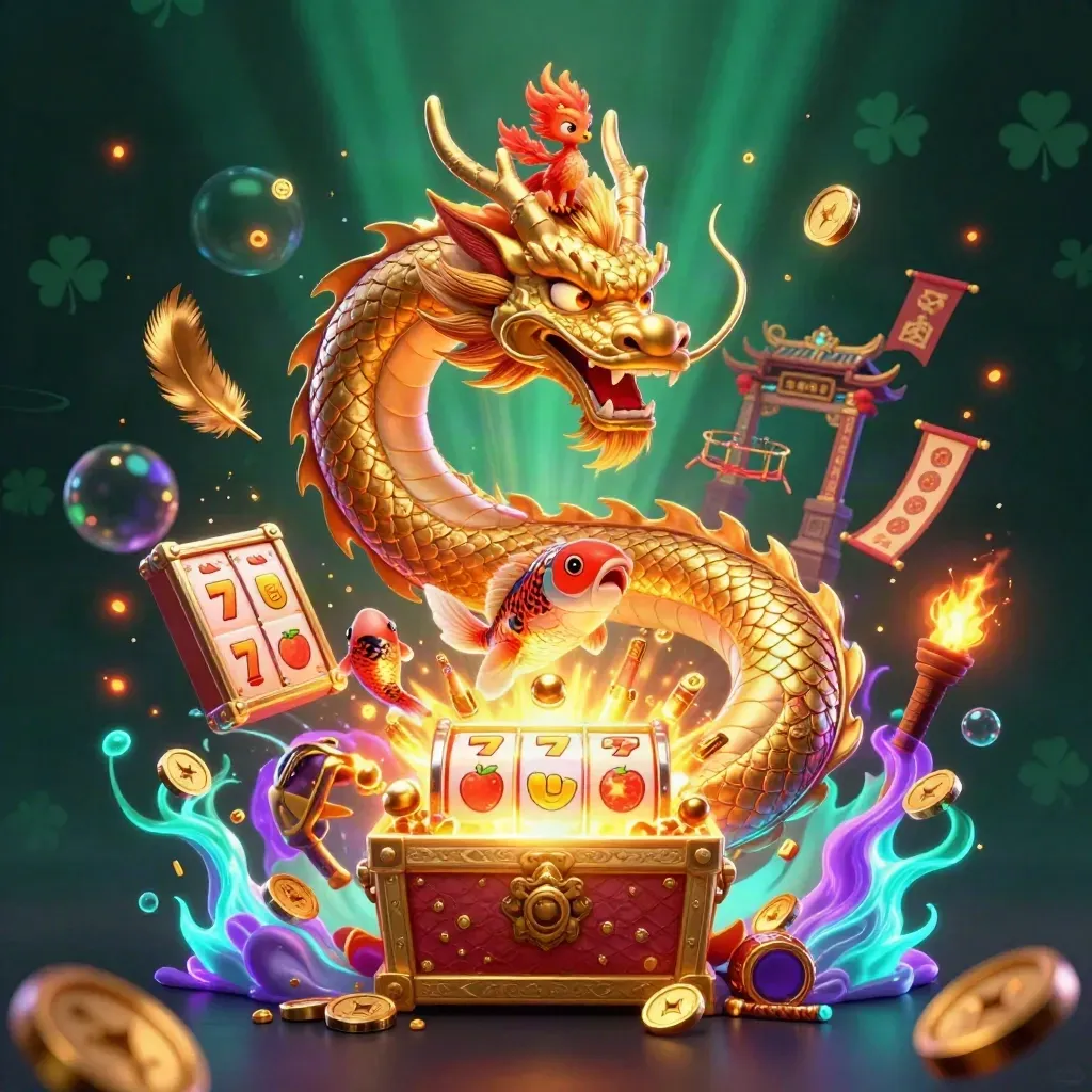 Golden dragon, phoenix, and koi erupting with treasure, neon casino effects, and temple gate