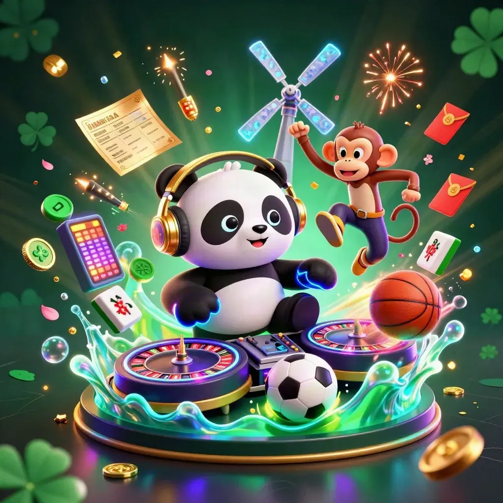 Low-angle casino-sports splash art with panda DJ, monkey, kitten, and flying balls.