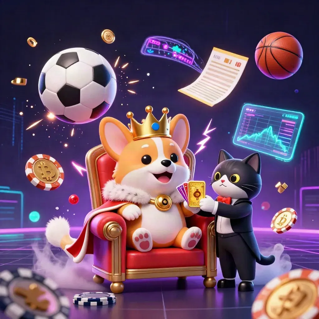 Royal corgi and cat butler amid flying sports balls, chips, coins, and neon casino effects