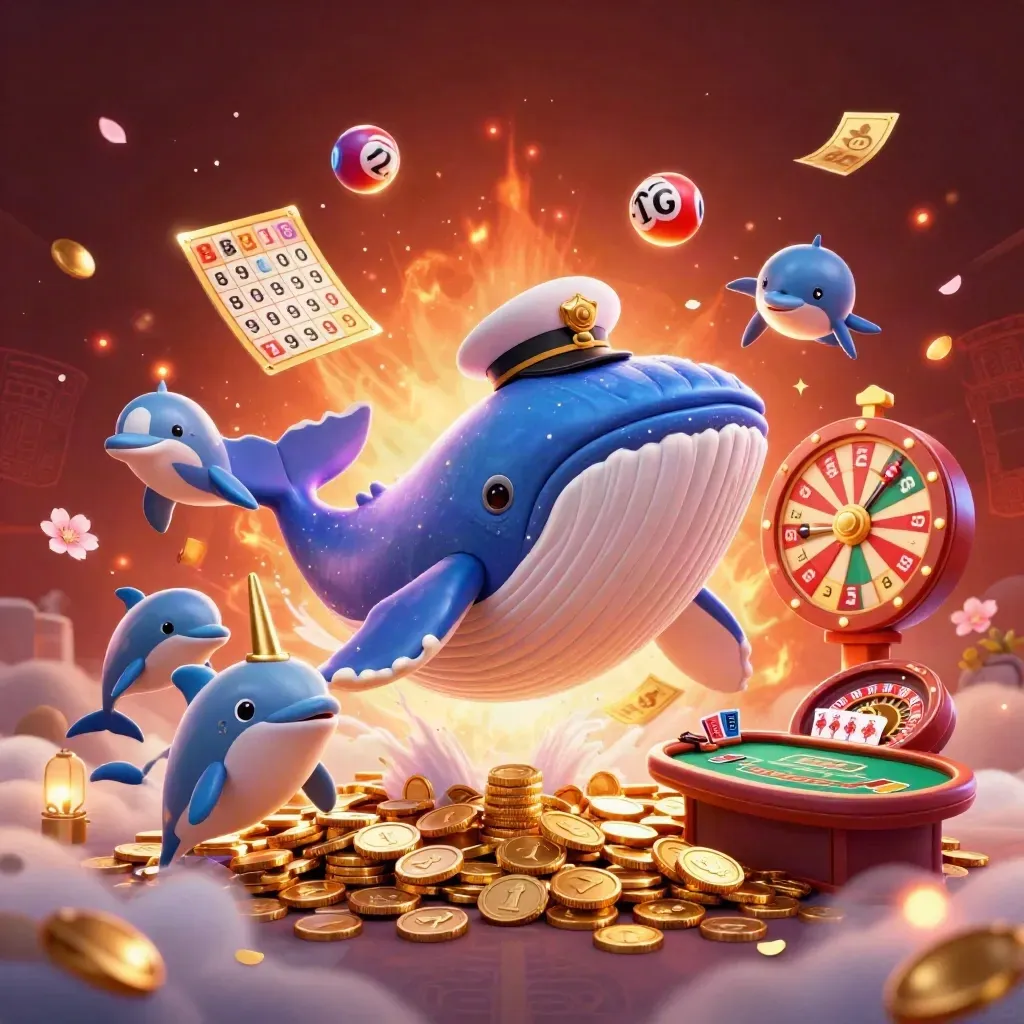 Whale, narwhal, and dolphins amid coins, wheel, tickets, embers, and luxury casino glow.