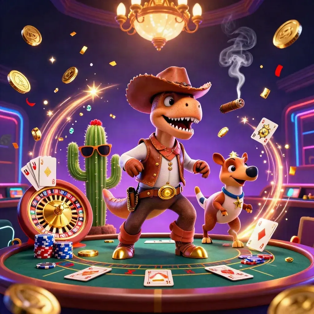 Cartoon T-Rex cowboy, cactus and roadrunner in a luxe casino burst with coins and neon lights.