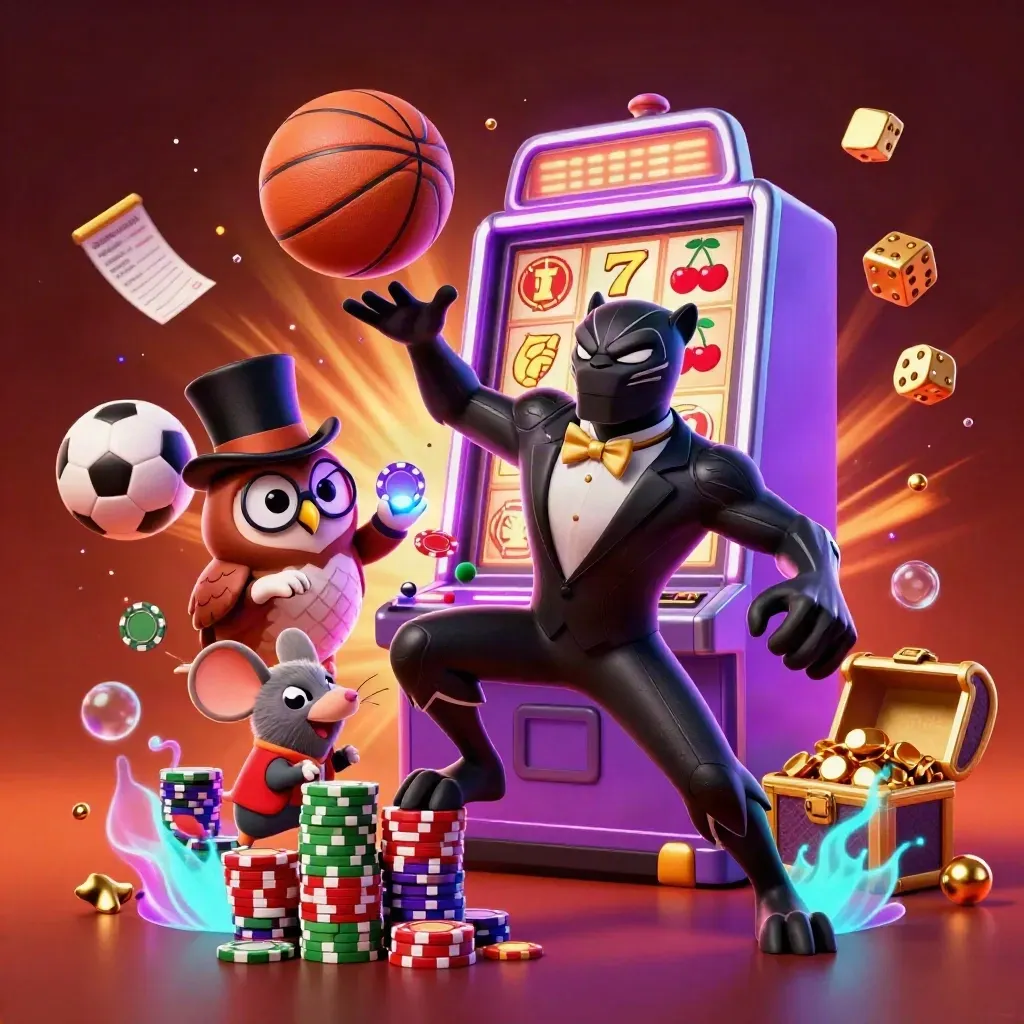 Panther, owl and mouse amid a basketball burst, slots, gold and neon casino light.