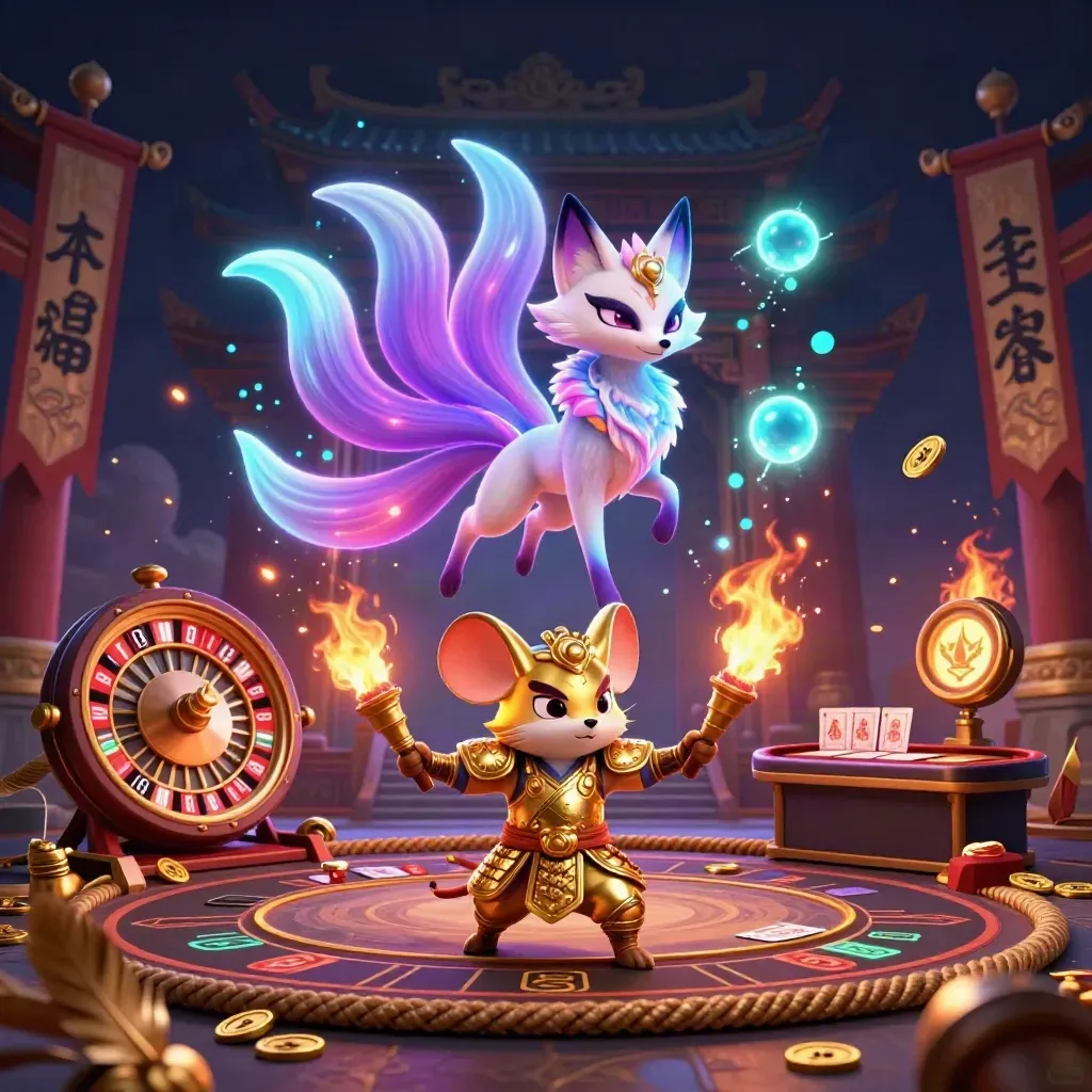 Fox spirit and armored mouse in a luxe neon casino-temple battle scene.