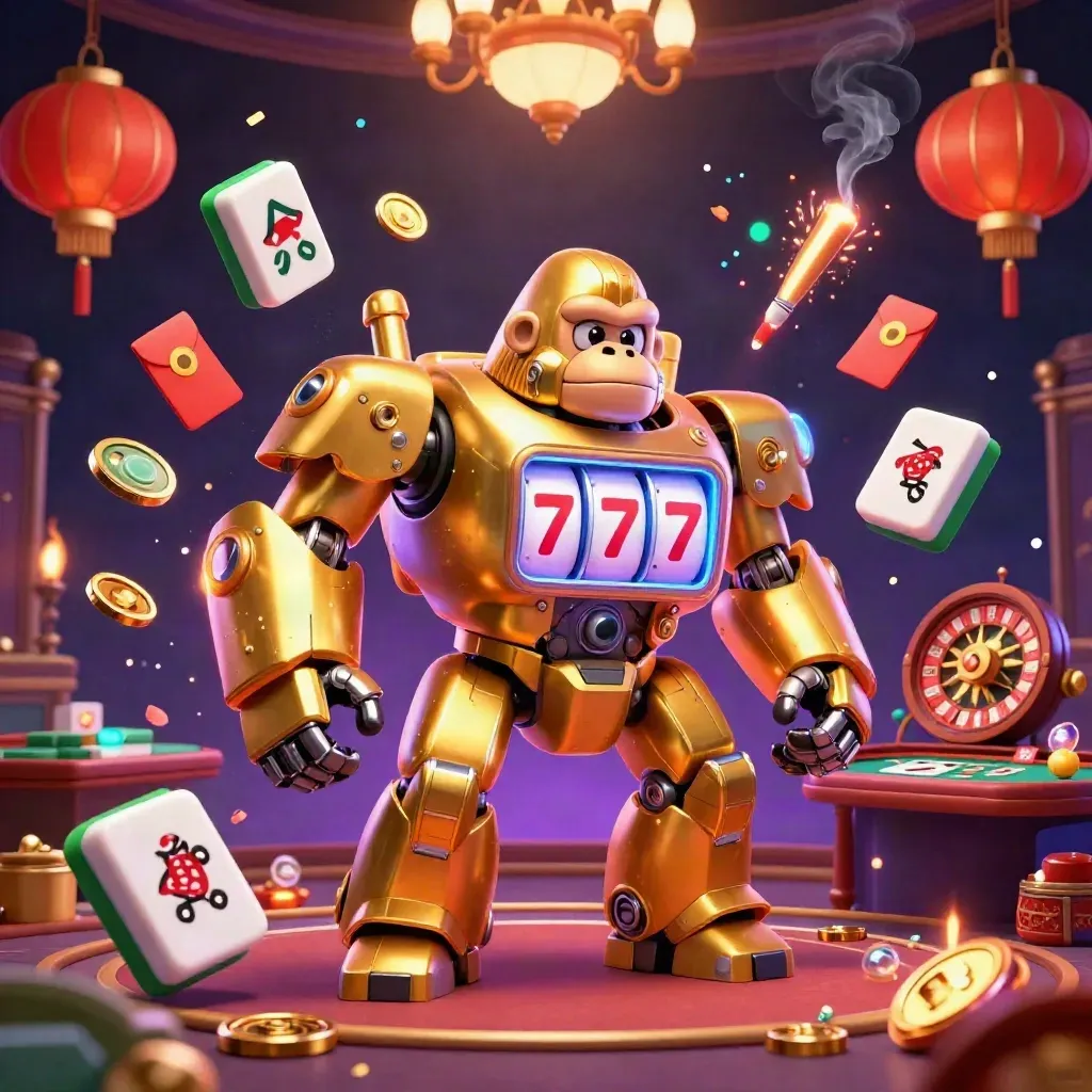 Golden gorilla mech with monkey pilot in a luxe casino room, lanterns, coins, cards, and glowing effects.