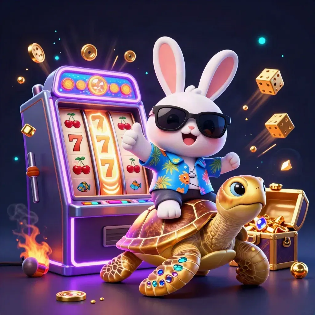 Lucky rabbit rides a golden turtle as slot symbols and treasure burst in neon casino light.