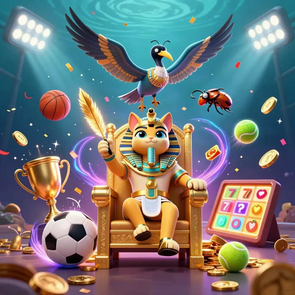 Pharaoh cat, ibis scribe and gem-winged scarabs amid flying sports balls, coins and purple magic.