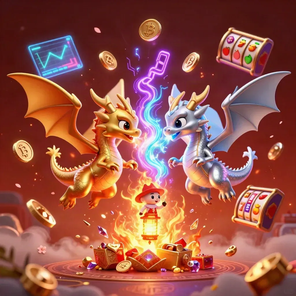 Gold and silver dragons swirl with fire and ice, coins, petals, and glowing casino effects.