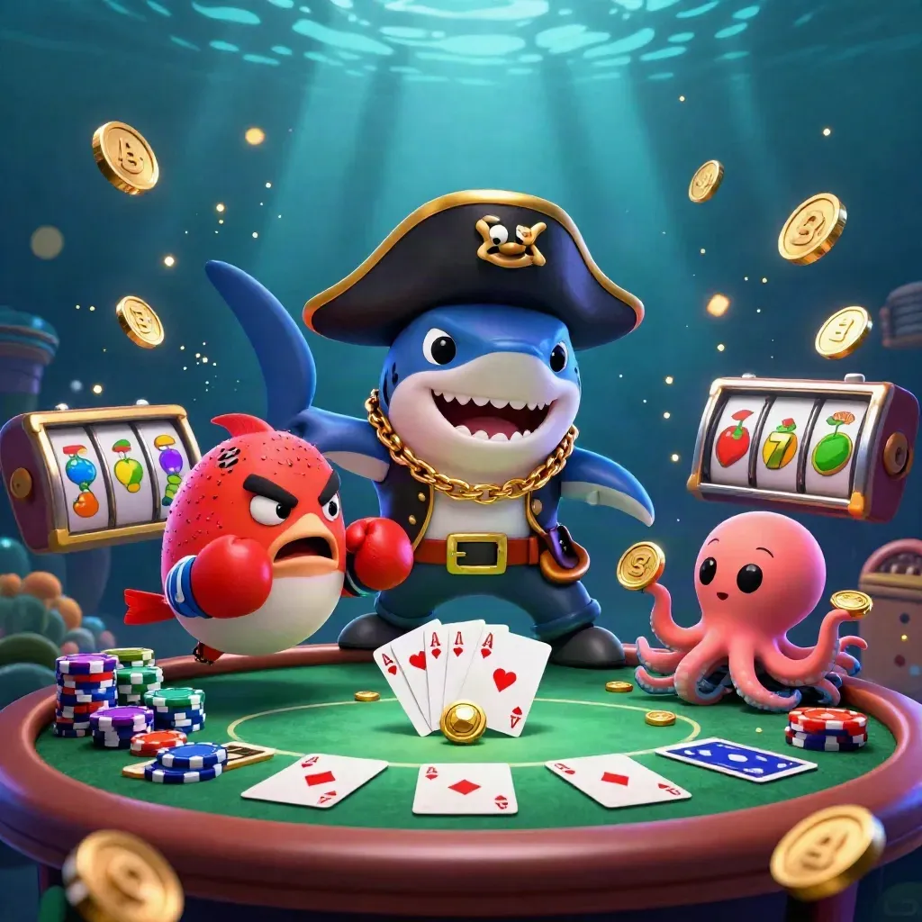 Pirate shark, boxing pufferfish, and coin-juggling octopus in an underwater casino splash scene