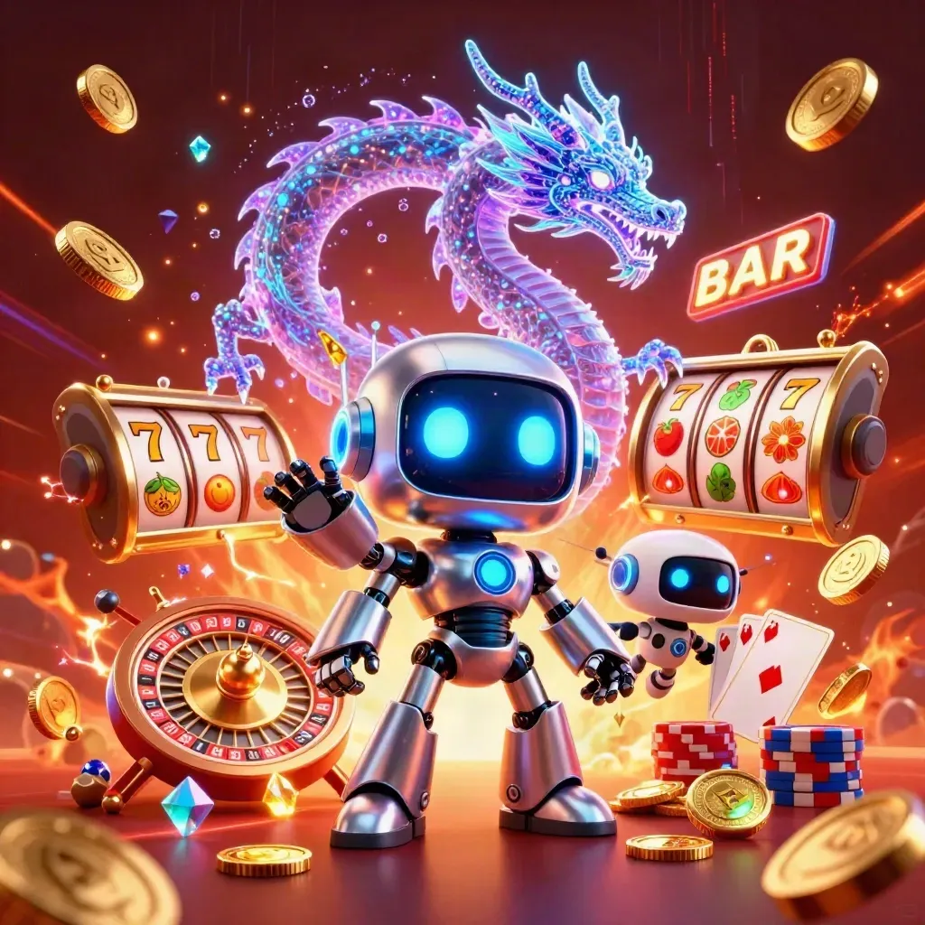 Cyberpunk robot, holographic dragon and coin drone burst through coins and gems in neon casino art.
