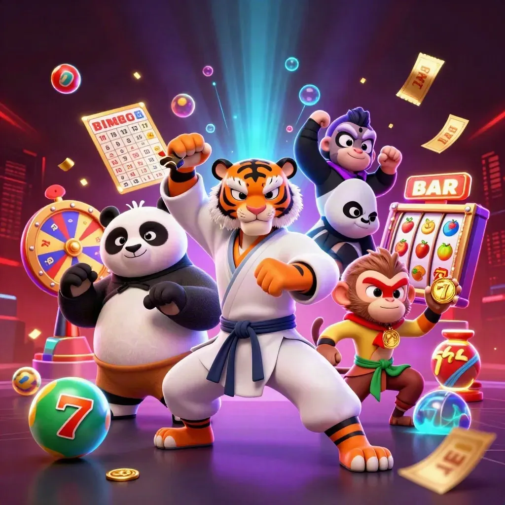 Tiger, panda, and monkey in neon casino key art with glowing game props and treasure bursts.
