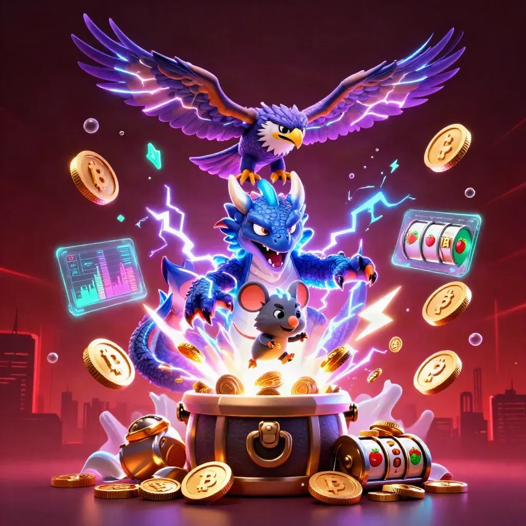 Thunder dragon, hawk, and static mouse burst from treasure with coins and lightning.