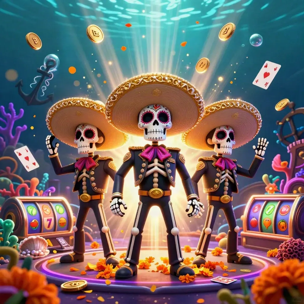 Mariachi skeleton trio in an underwater treasure burst with coins, coral, reels, and glowing casino effects.