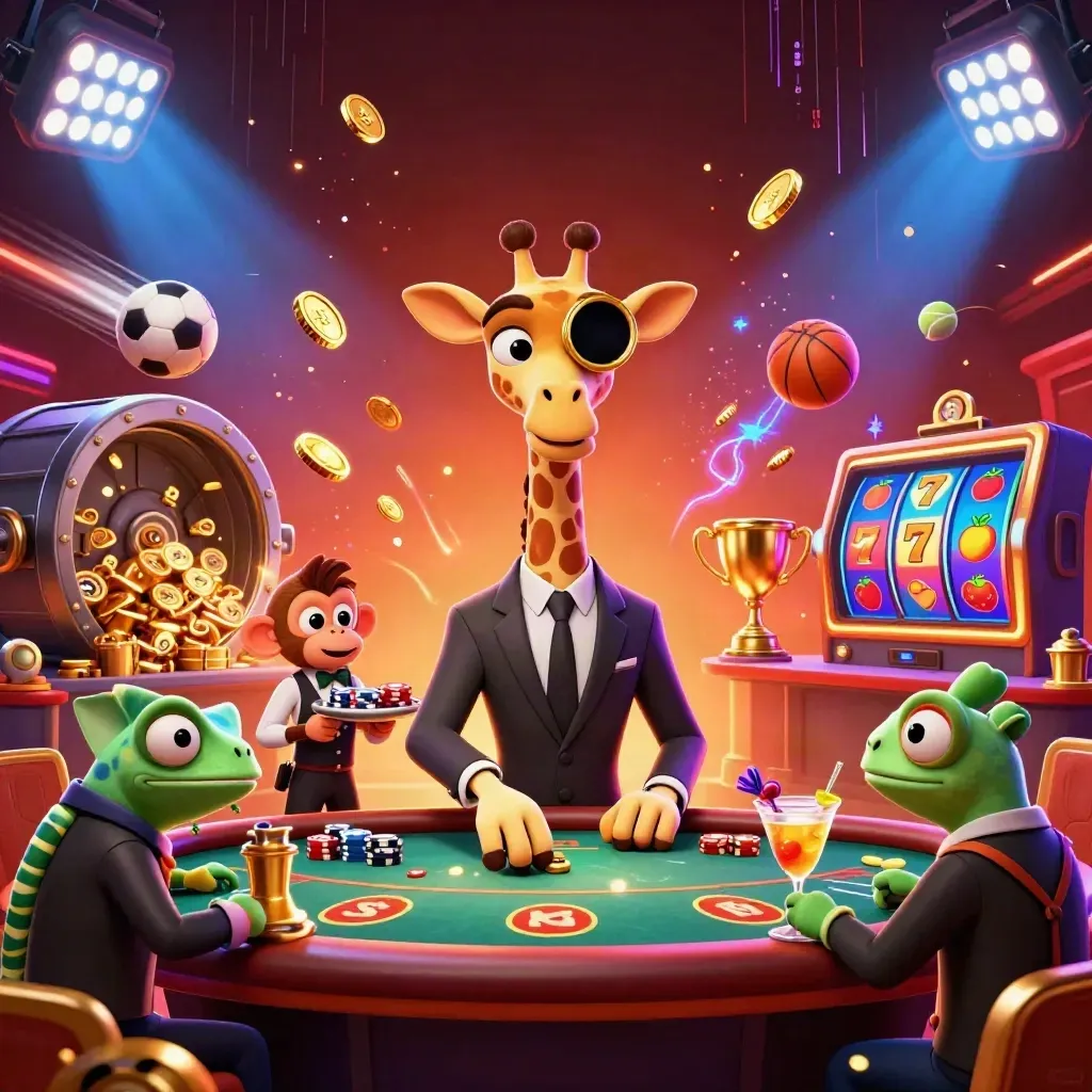 Giraffe, monkey, and chameleon in a casino burst with coins, balls, trophy, slots, and neon energy