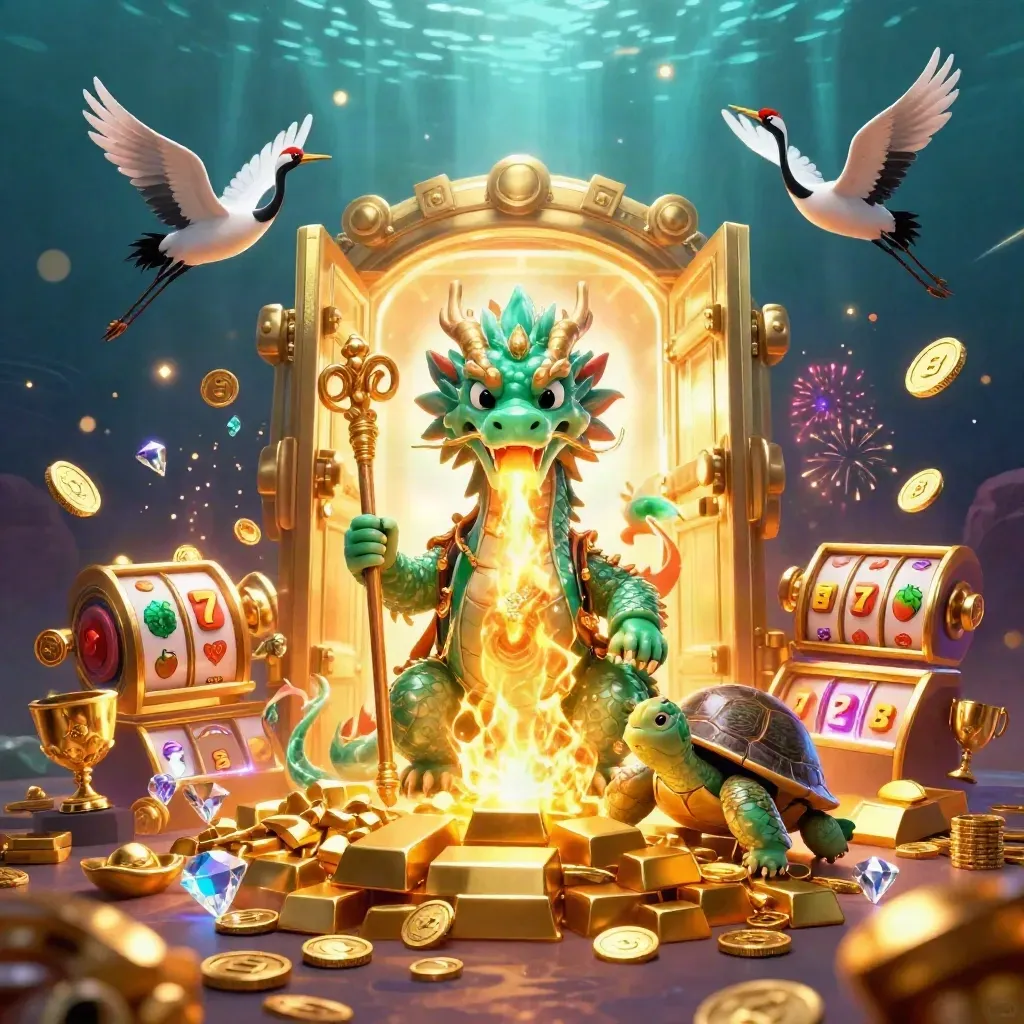 Emerald dragon, turtle sage, and cranes burst from a treasure vault amid coins and fireworks.