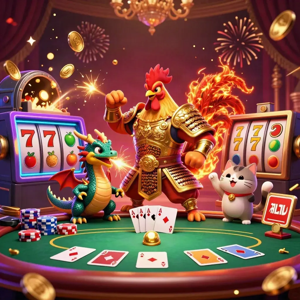 Rooster warrior, dragon hatchling, and fortune-cat amid coins, cards, reels, and fireworks