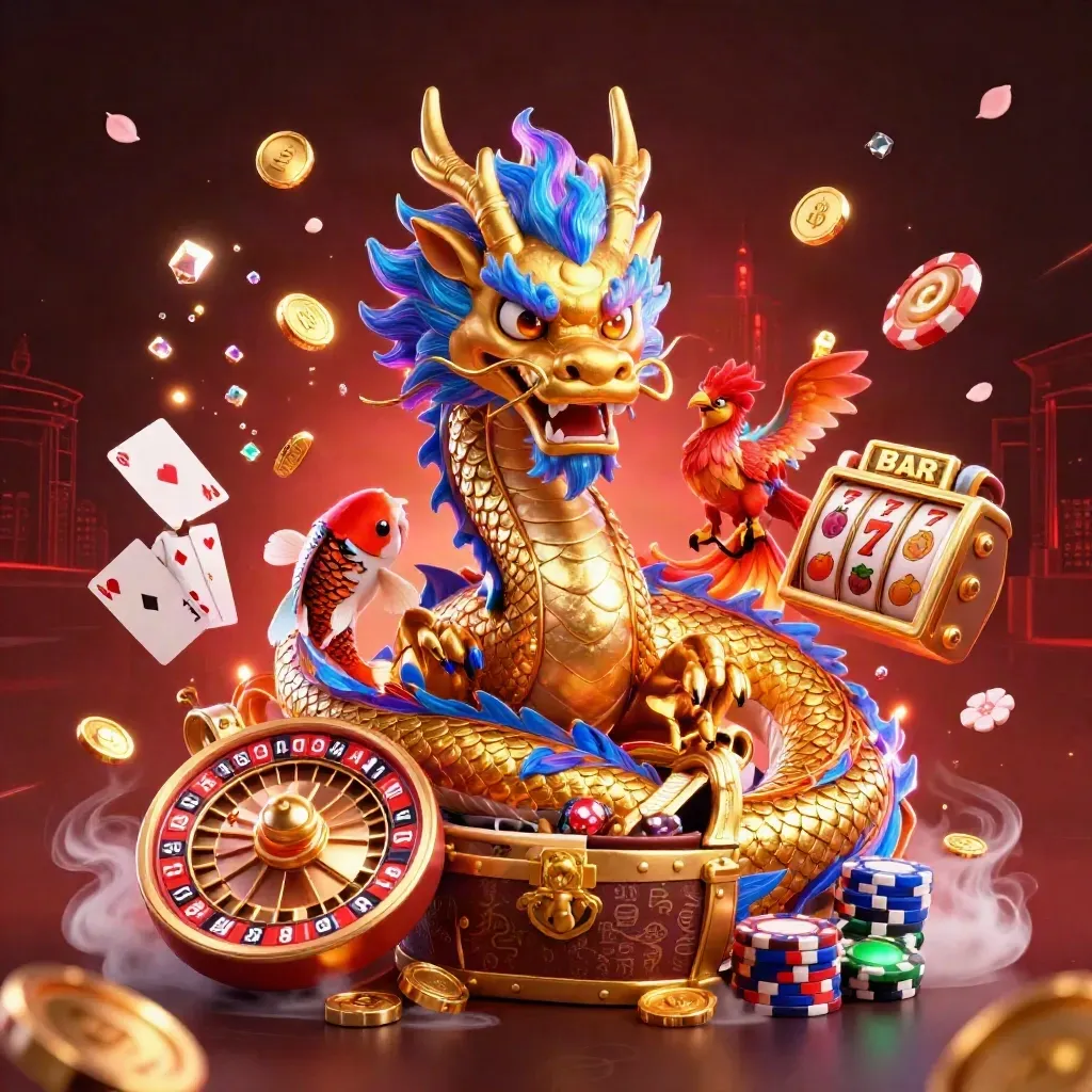Golden dragon with phoenix, koi, coins, cards, chips and roulette in neon casino art
