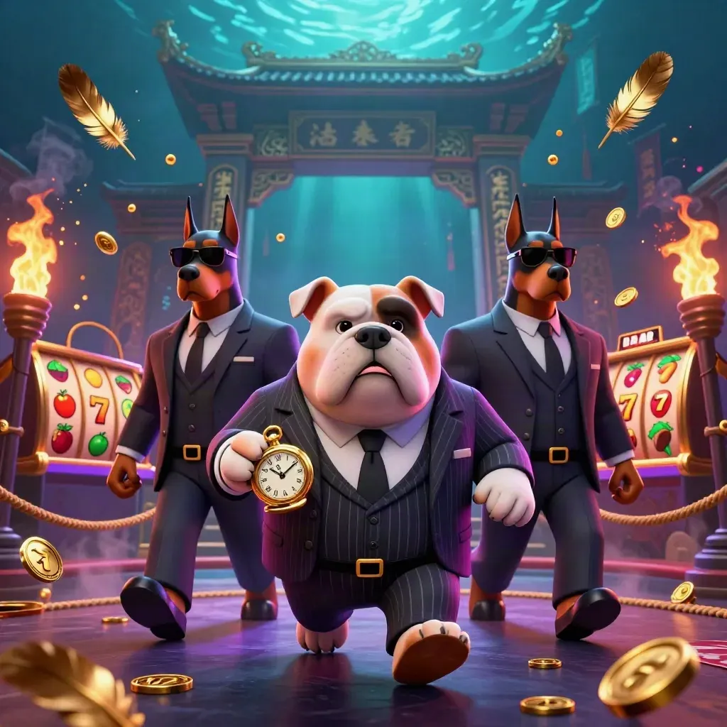 Mafia-boss bulldog with two Dobermans amid coins, reels, temple gate and fiery casino effects