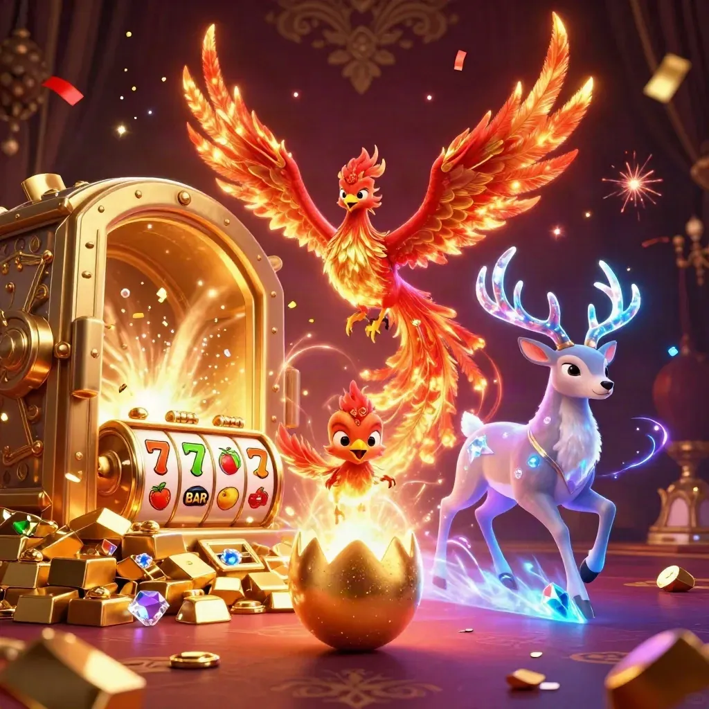 Phoenix, baby phoenix, and crystalline stag amid a vault, slots symbols, and luxe dark glow
