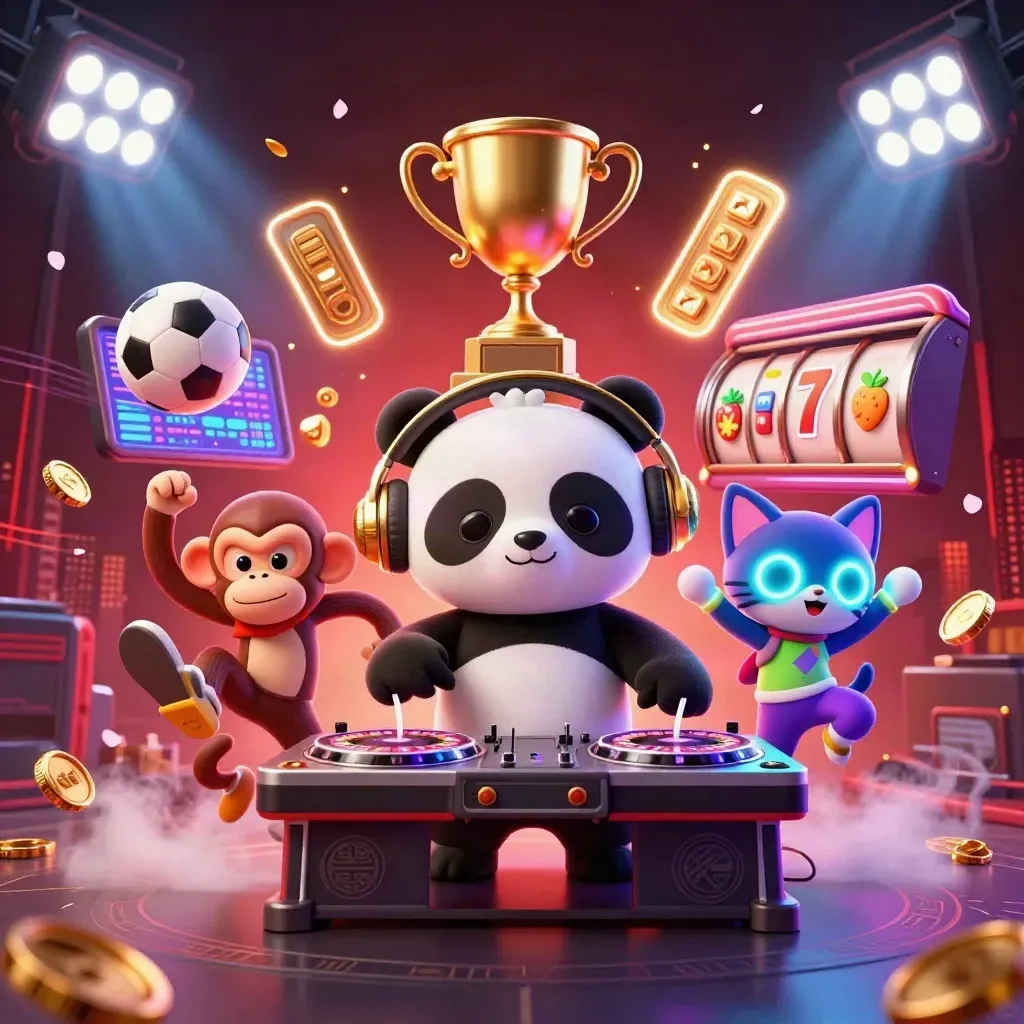 DJ panda, breakdancing monkey, and rave kitten with roulette turntables and casino effects