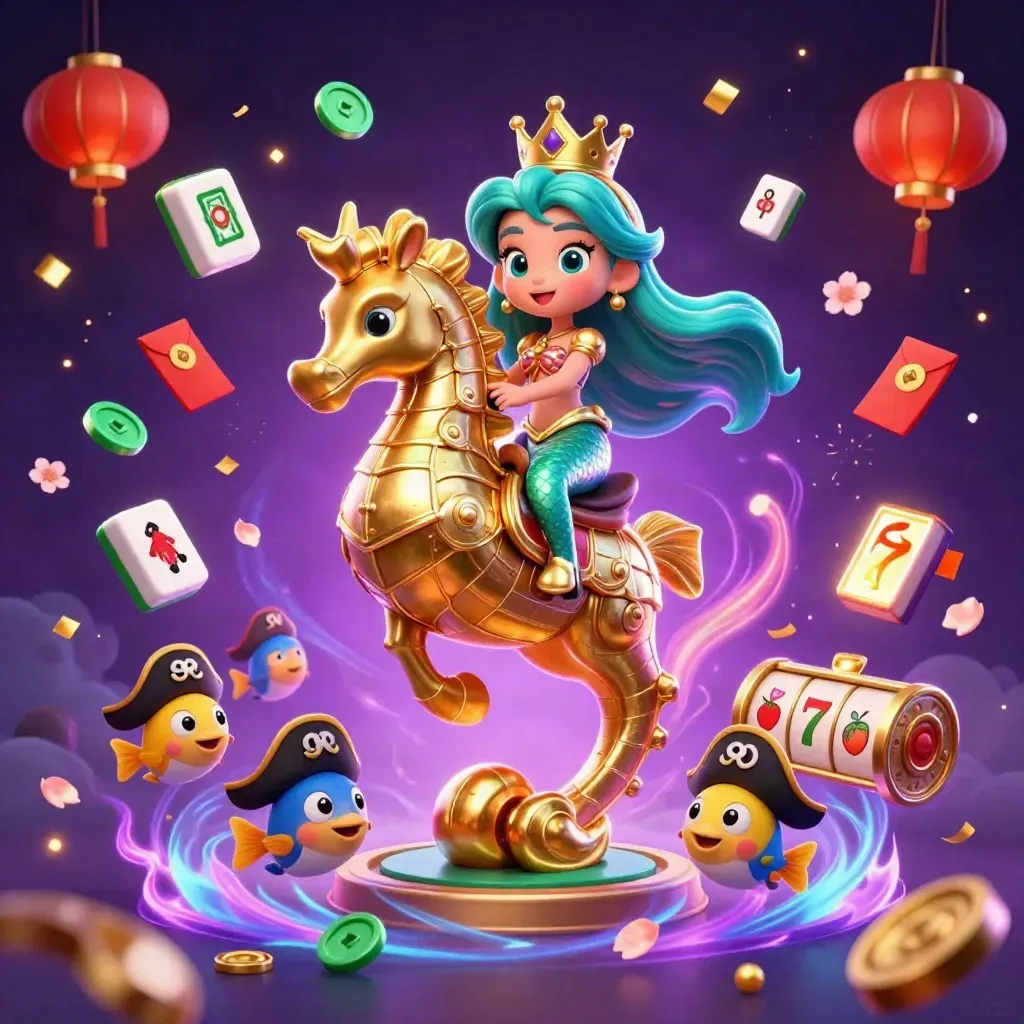 Mermaid princess on a gold-armoured seahorse with pirate fish, neon casino effects, slot icons.