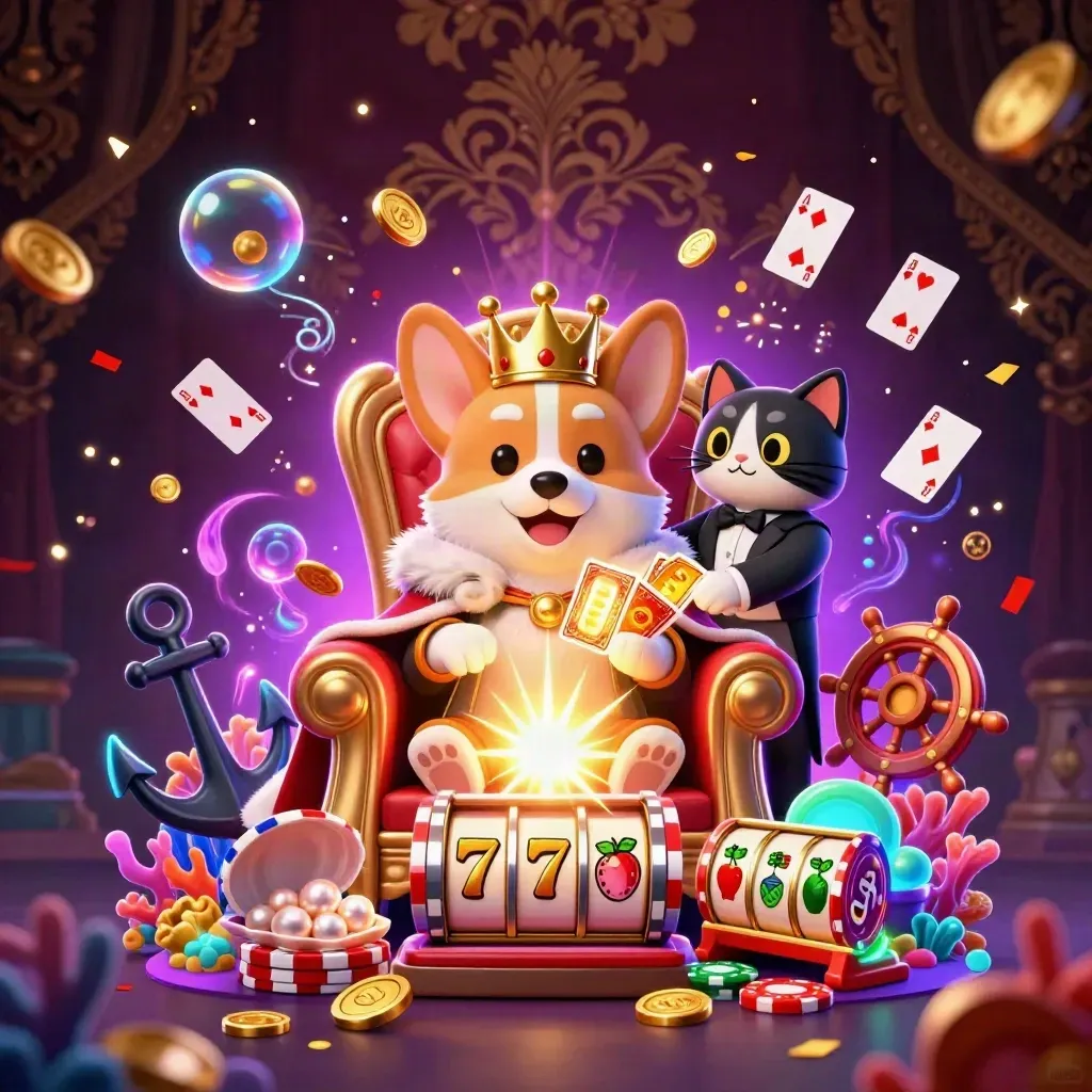 Royal corgi king and cat butler in a casino treasure cove with glowing cards and gold confetti.