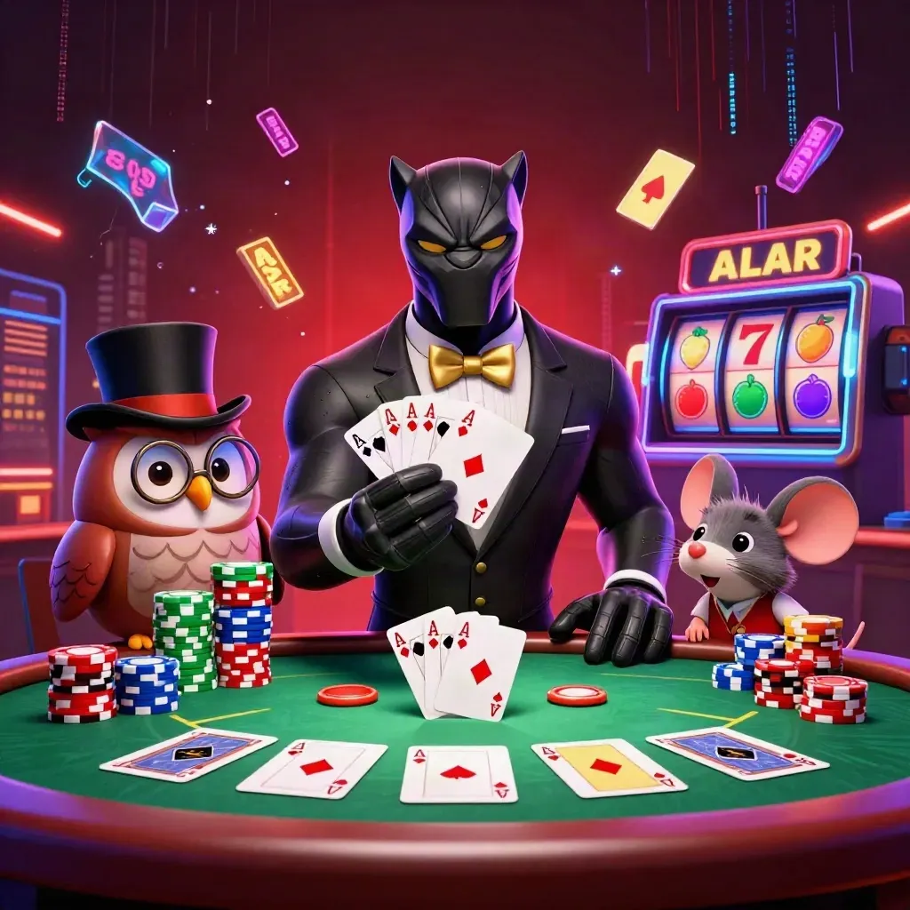 Panther, owl and mouse at a neon casino table with chips, cards and slot reels