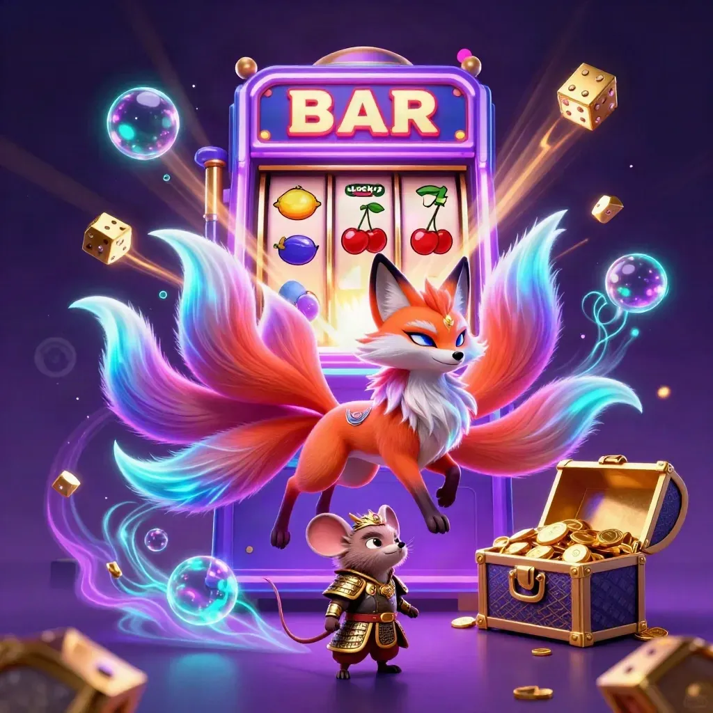 Nine-tailed fox spirit and samurai mouse amid bursting slots, gold, and neon magic.