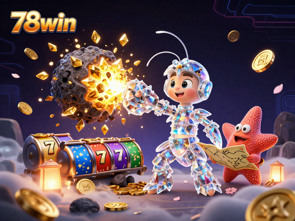 Play thrilling slots with 78win, featuring colorful casino elements and an animated mantis shrimp.