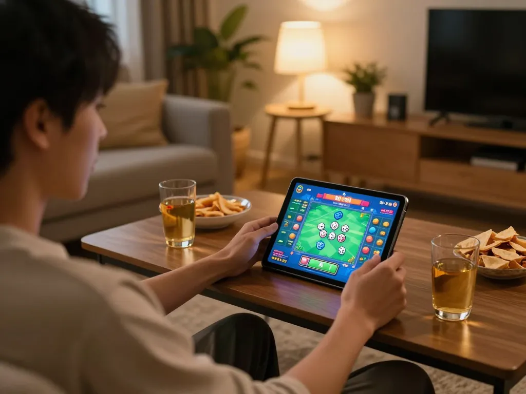 Engaging scene of a player tải game tài xỉu on a tablet in a warm home setting with vibrant gaming elements