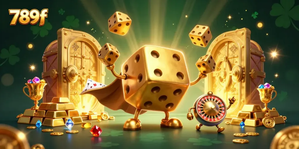 Experience thrilling gaming action with 789f's vibrant casino scene featuring golden dice and treasures.