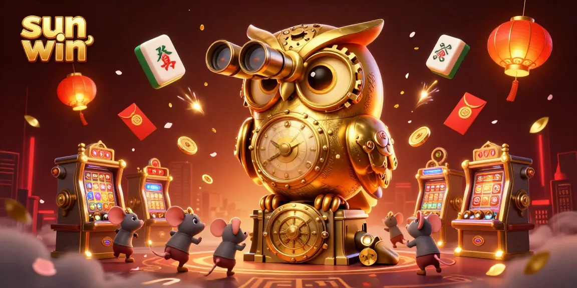 Experience the thrill of sun win with a dynamic casino scene featuring a golden owl, mouse patrons, and festive elements.