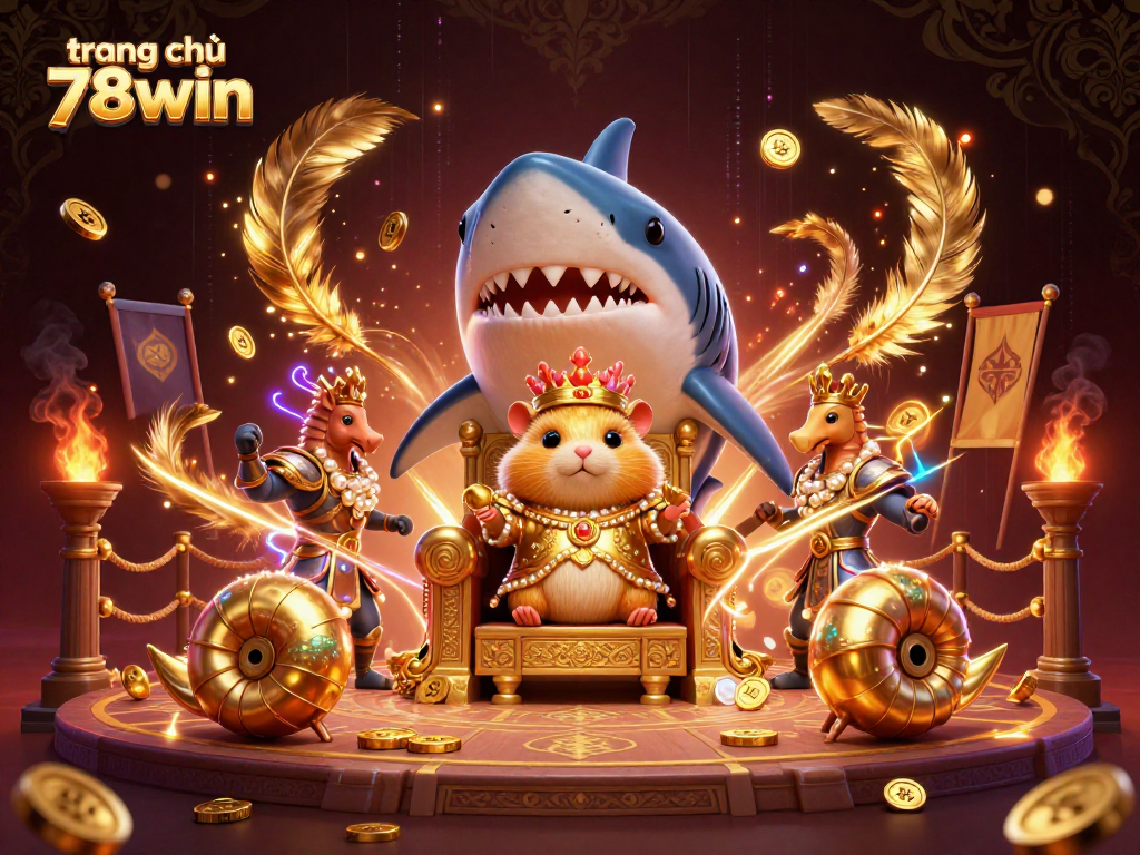Engage with the stunning trang chủ 78win 3D casino illustration featuring a hamster king on a shark throne.