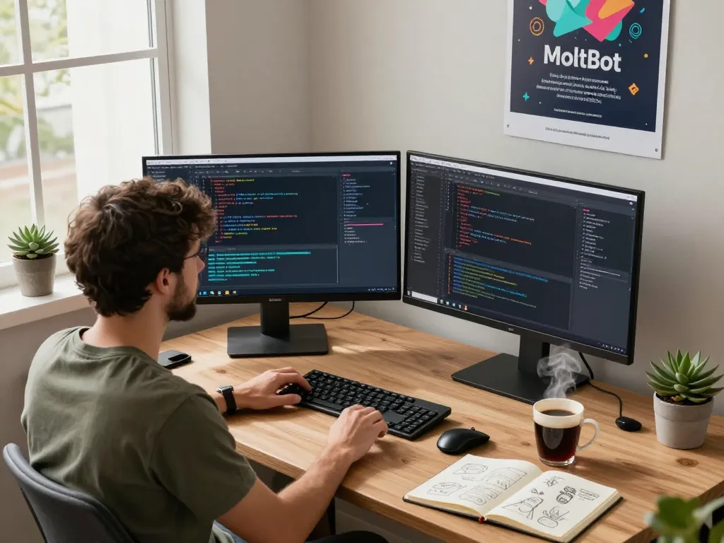 Developer utilizing MoltBot AI for task automation in a modern workspace setup