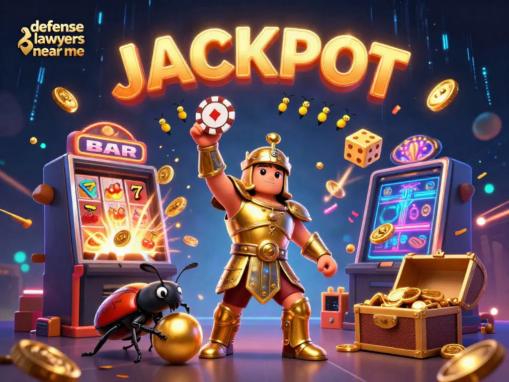 Engaging scene with a hercules beetle triumphantly lifting a poker chip, surrounded by casino elements, showcasing defense lawyers near me.