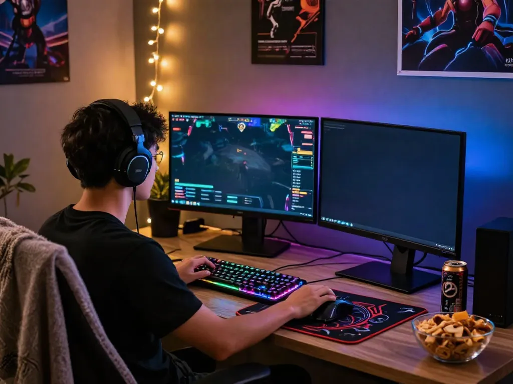 Intense gamer focused on link vào 78win gameplay, surrounded by ambient lighting and gaming setup.