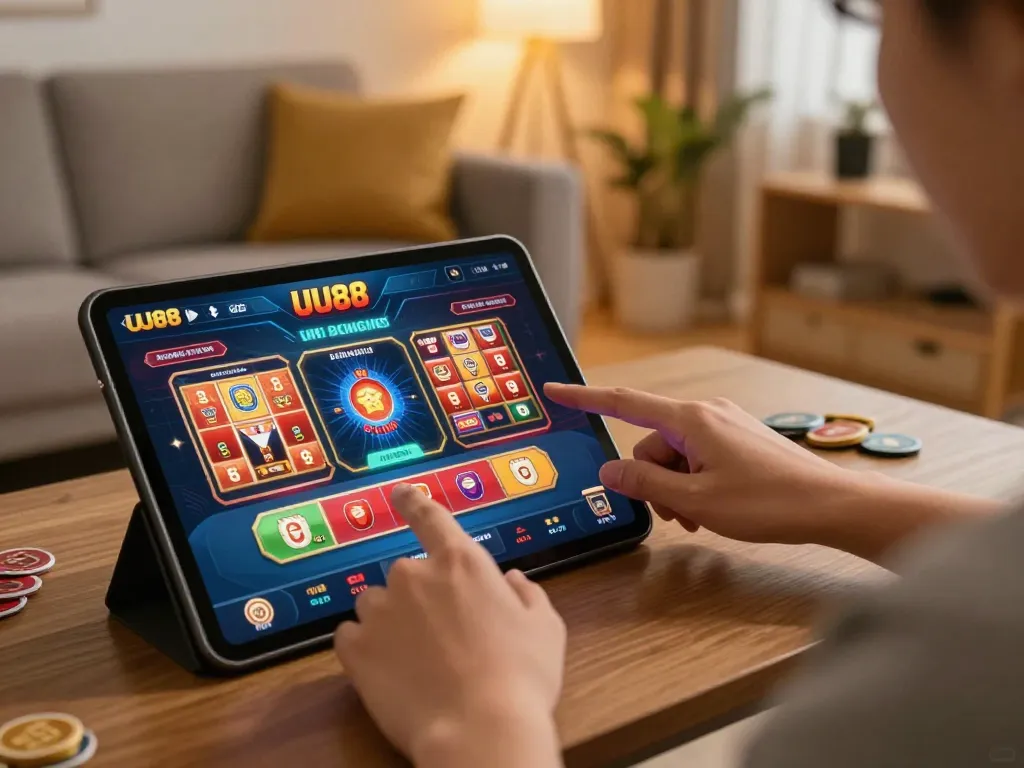Player engaging with the UU88 casino app on a tablet in a cozy home setting