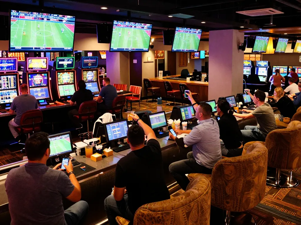 Bongdalu bettors enjoying live sports events in a stylish casino lounge