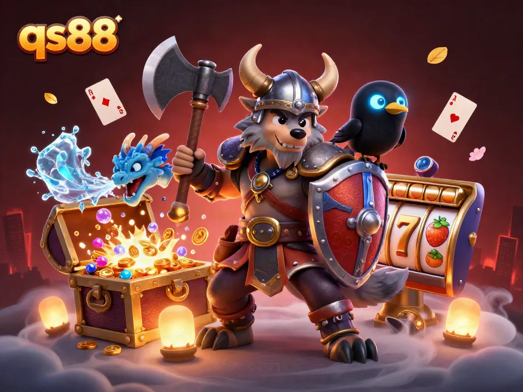 Spin to win with qs88's vibrant, engaging 3D casino adventure illustration, featuring dynamic gameplay elements.
