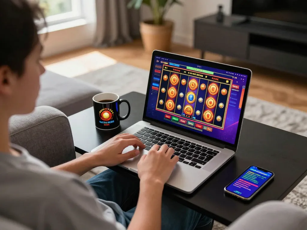 Player engaging with TR88SEO online casino on laptop during a cozy home gaming session