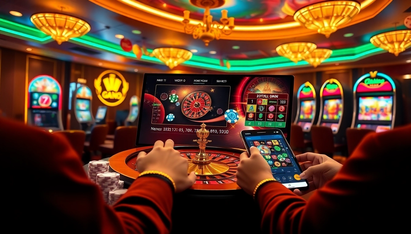 Players engaging with online casino games on https://nk88net.com/, showcasing poker chips and roulette wheels.