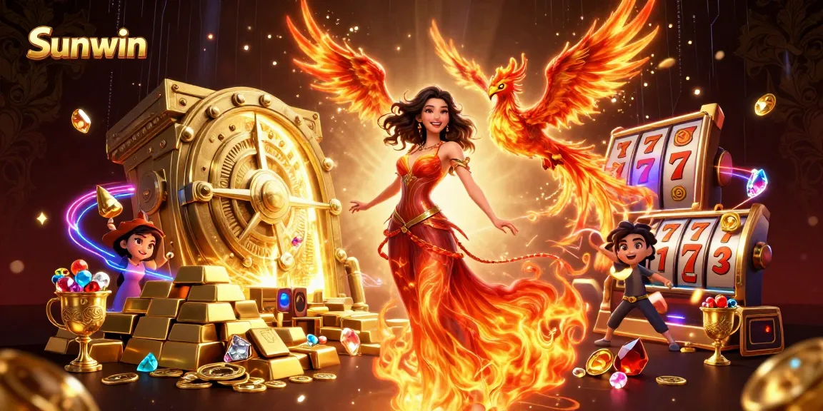 Experience the thrill of online gaming with Sunwin, featuring vibrant slot reels and magical casino elements.