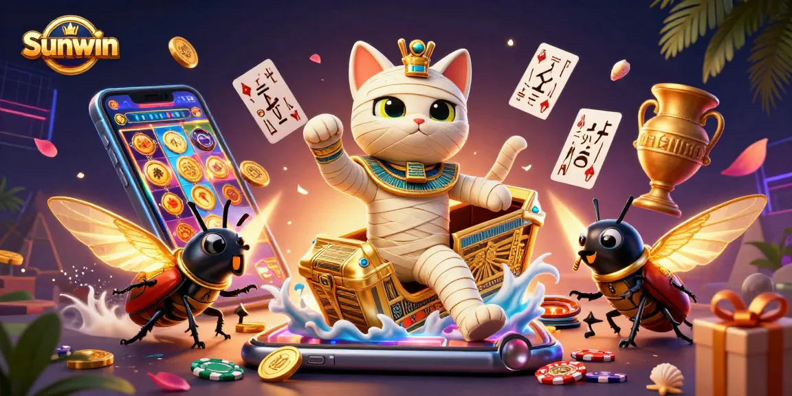 Engage in thrilling games with Sunwin, featuring a 3D cartoon Egyptian mummy cat and gambling-themed elements.