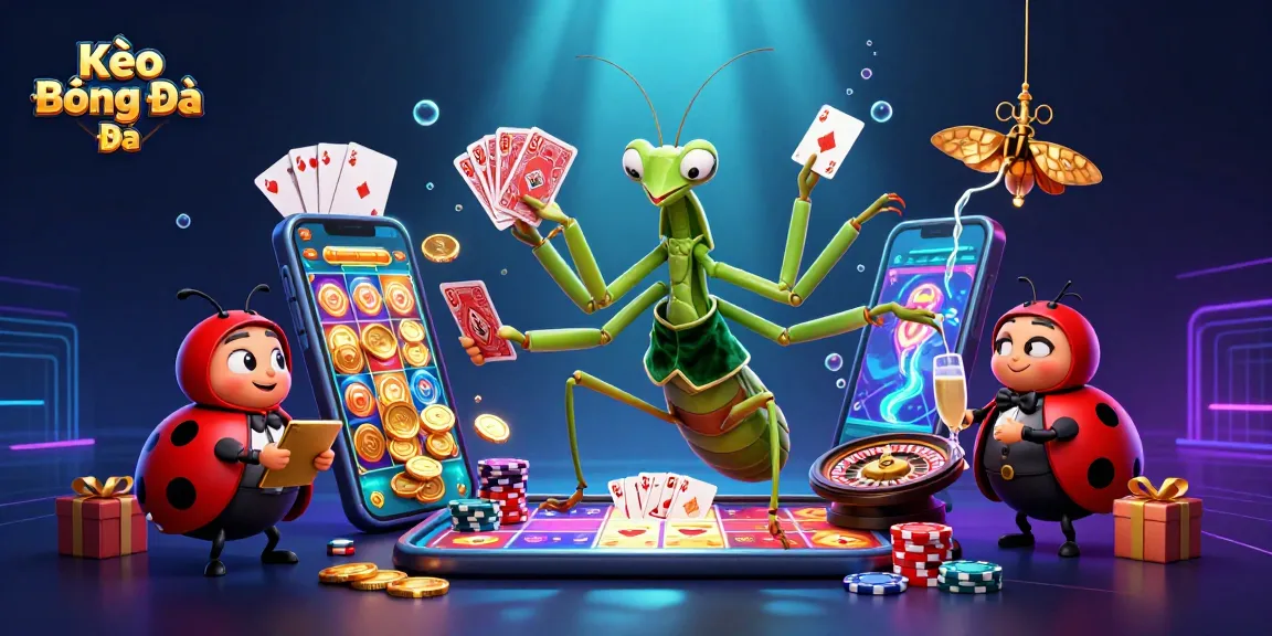 Kèo Bóng Đá scene showcasing a giant mantis card sharp and ladybug pit boss amid vibrant casino elements.