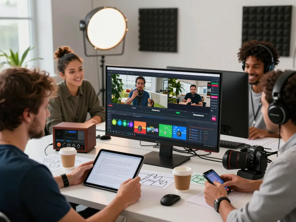 Creators utilizing Seedance AI for video production in an innovative workspace with advanced technology.