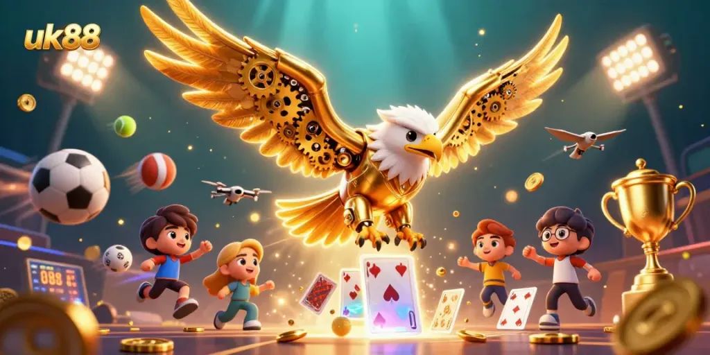 Experience thrilling action with uk88 at this vibrant casino scene featuring a golden eagle and sports elements.