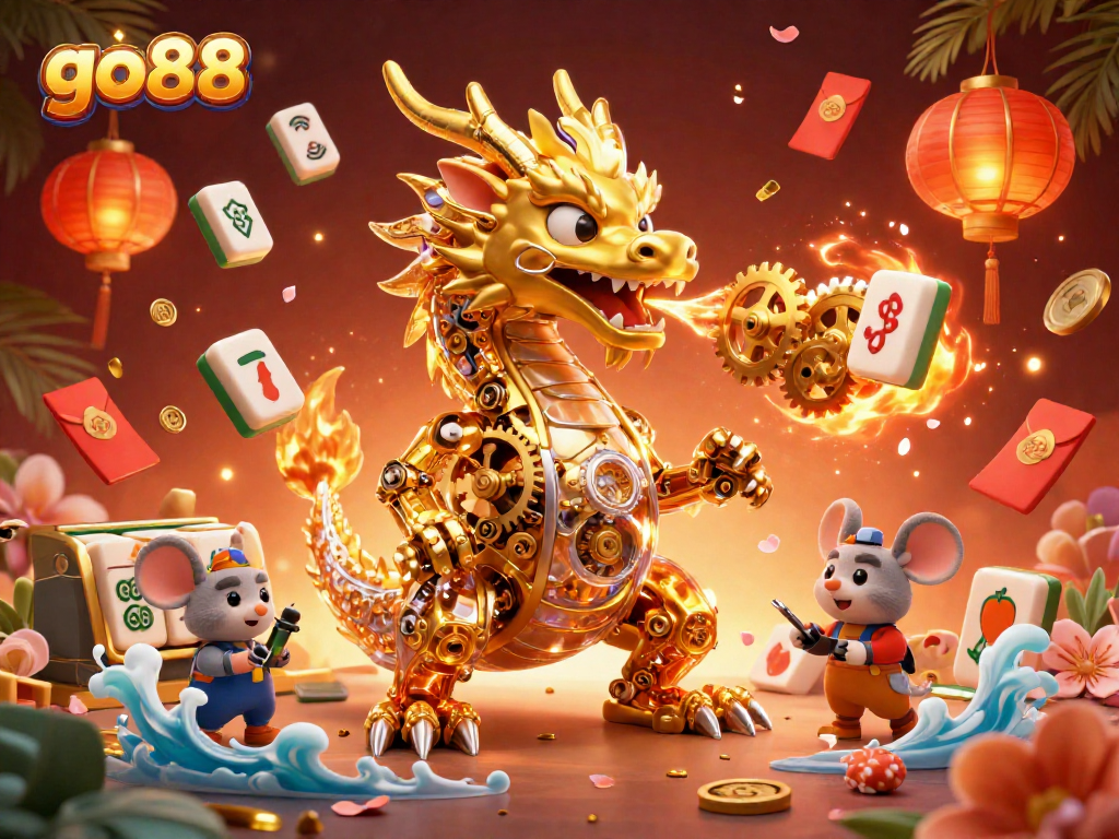 Experience the thrill of go88 through a vibrant scene with a golden dragon and dynamic casino elements.