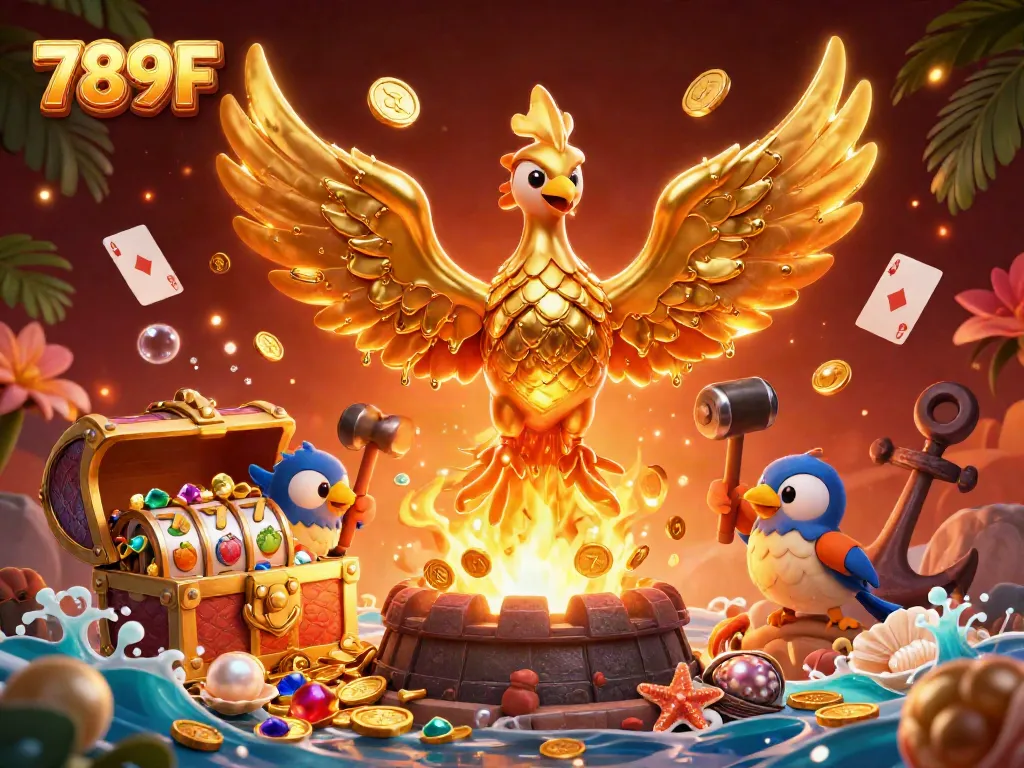 Engage in excitement with 789F's molten golden phoenix and vibrant game symbols bursting with treasures.