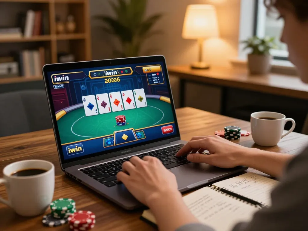 Engaging in strategic poker gameplay through iwin on a cozy laptop setup with warm lighting.