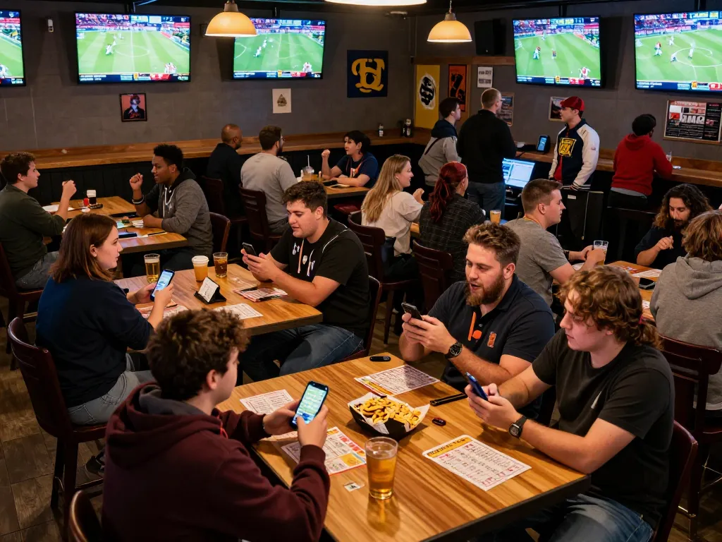 Fans actively placing keo nha cai 5 bets while enjoying live sports in a vibrant bar setting.
