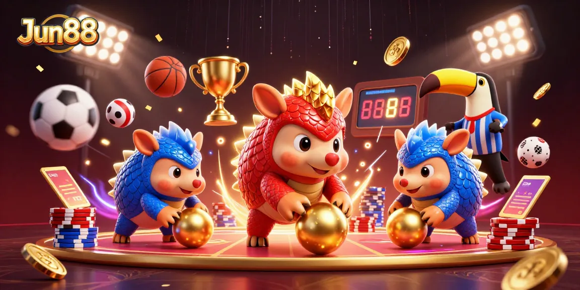 Experience thrilling gameplay with Jun88's vibrant 3D pangolin characters in an exciting gambling scene.